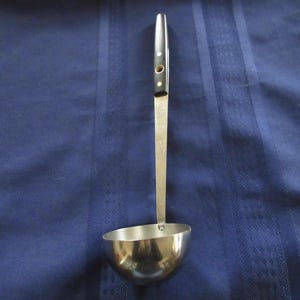 Vtg Upcycled Stainless Steel COOKING Utensil Tool Solid Serving LADLE Dark Riveted Handle w/Sm Spout marked FLINT Arrowhead usa Good Cond!