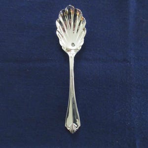 May include: A silver serving spoon with a shell-shaped bowl and a long, slender handle. The spoon is highly polished and reflects the light, set against a dark blue background. The spoon's design is elegant and classic, suitable for serving.