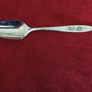 May include: A silver spoon with a floral rose design on the handle. The spoon is set against a red background. The spoon is a piece of silverware, likely for eating.