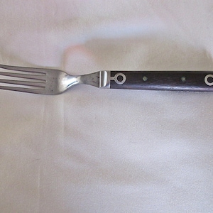 Antique Turn-of-the-Century Dinner FORK with Steel Tines and Pinned WOODEN Handle Accented by Fancy RIVETS for Reanactor?