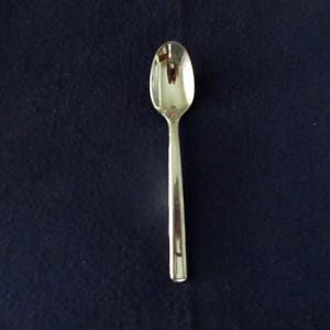 May include: A polished silver-toned metal spoon with a smooth, rounded bowl and a straight, flat handle. The surface of the spoon is highly reflective, showing a clear metallic sheen and a simple, clean design without any decorative patterns.