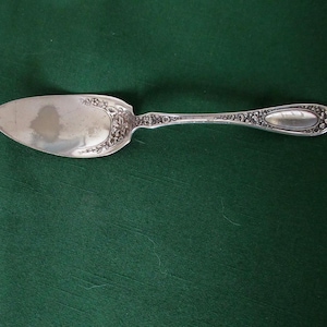 May include: Silver cake server with an oval blade and a long, ornate handle. The blade and handle are decorated with floral patterns. The server is displayed on a dark green surface.