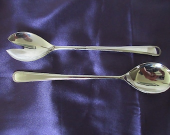 Lg 2 pc Silverplate SALAD SET Pattern has Plain Glossy Handles Tiny Fluted Edge marked Made in England Good Condition Polished!