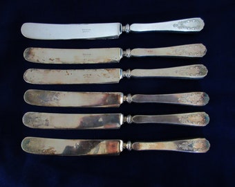 6 Antique Silverplate Dinner Knives w/Hollow Handles from Associated/YOUREX in MARJO-NELL Pattern Wreath w/Ribbon End of Handle Good Cond!