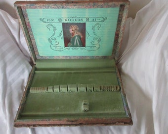 Antique 1920's ROGERS Silverware/Flatware Storage Box CHEST with Fabulous GRAPHICS Inside Lid Needs Recovering!