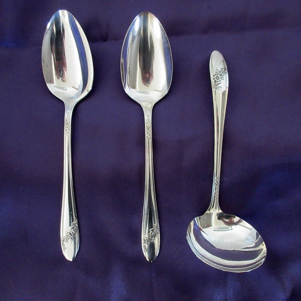 3 Silverplate SERVING Pcs 2 Spoons/Ladle from Oneida Tudor Silverware/Flatware QUEEN BESS 2 Pattern Flowers Diagonal Handle  Polished!