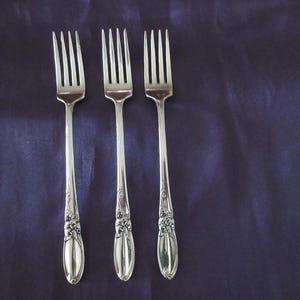 Może przedstawiać: Trzy srebrne widelce z ozdobnymi kwiatowymi detalami na trzonkach, ułożone na ciemnoniebieskim tle. Każdy widelec ma cztery zęby i polerowane wykończenie, sugerujące formalny nastrój obiadu.