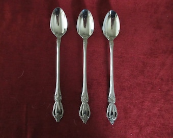 3 Stainless Ice Tea/Sundae SPOONS from ONEIDA in the Elegant Deluxe RAPHAEL Pattern  Pierced Handles with Flowers and Scrolls  Good Cond!