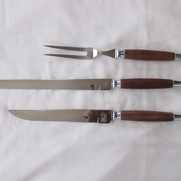 3 pc Vtg Stainless Mid-Century Danish Modern CARVING Set 2 Knives/Fork with Wooden  Handle marked Japan Great Condition