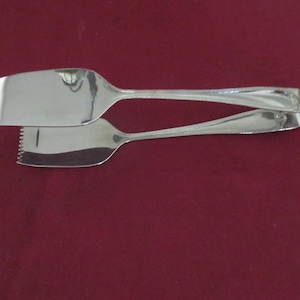May include: A pair of silver-toned metal serving tongs with a polished, reflective finish. The tongs feature two wide, flat, spade-shaped ends with serrated edges for gripping, connected by a flexible, curved handle that joins at the rear.