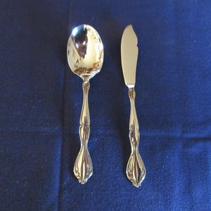 Può includere: Un set di due posate argentate, un cucchiaio e un coltello da burro, con manici decorati. Le posate hanno una finitura lucida e sono progettate con un motivo floreale decorativo.