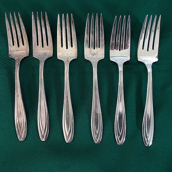 6 Silverplate Salad/Dessert FORKS from 1847 Rogers/IS in Art Deco SILHOUETTE Pattern Lines Circle Shaped Handles Good Condition No Wear!