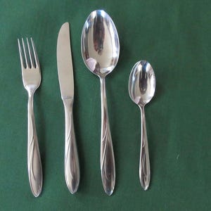 May include: A collection of four stainless steel cutlery items: a fork, a knife, a soup spoon, and a teaspoon. The silverware features a simple, elegant design with a subtle leaf pattern on the handles. The items are arranged on a dark green surface.