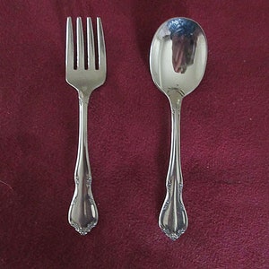 Stainless Baby/CHILD/Toddler Silverware FORK & Spoon from Oneida in TODDLETIME Pattern Scrolls Side w/Tiny Flower Edge and Tip Nice Cond!