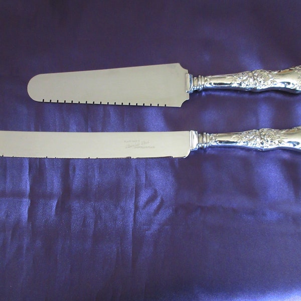 12" Bridal WEDDING Cake/Pie KNIFE &  10" SERVER w/Stainless Blade and Fancy Floral Silverplate Handles marked Sheffield "As Is"  Condition