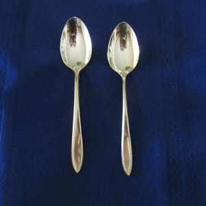 May include: Two silver spoons with elongated handles and oval bowls are displayed against a deep blue background. The spoons reflect the surrounding environment, adding a touch of elegance. The spoons are likely for serving or eating.