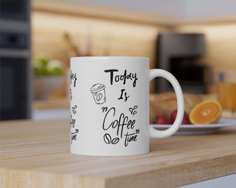 Ceramic Mug Coffee Time Cup, Breakast Mug, Hand-made, Original Design, 11oz