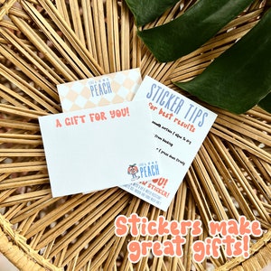 Pode incluir: Dois cart&otilde;es com um design de p&ecirc;ssego. O cart&atilde;o superior tem um padr&atilde;o de p&ecirc;ssego e diz "Feel Like a Peach". O cart&atilde;o inferior diz "A Gift For You!" e tem um adesivo de p&ecirc;ssego com o texto "Feel Like a Peach" e "New Stickers!" Os cart&otilde;es est&atilde;o sobre uma superf&iacute;cie de vime tran&ccedil;ado com uma folha verde.