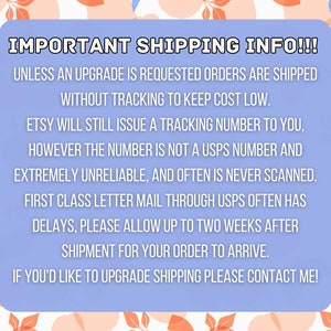 Pode incluir: Uma caixa de texto azul claro com texto branco que explica que os pedidos s&atilde;o enviados sem rastreamento para manter os custos baixos. O Etsy ainda emitir&aacute; um n&uacute;mero de rastreamento, mas n&atilde;o &eacute; um n&uacute;mero do USPS e n&atilde;o &eacute; confi&aacute;vel. O correio de primeira classe por meio do USPS geralmente tem atrasos, portanto, permita at&eacute; duas semanas para a entrega. Se voc&ecirc; deseja atualizar o envio, entre em contato com o vendedor.