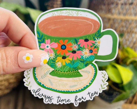 Floral Tea Cup Sticker: Always Time For Tea, Laptop Decal