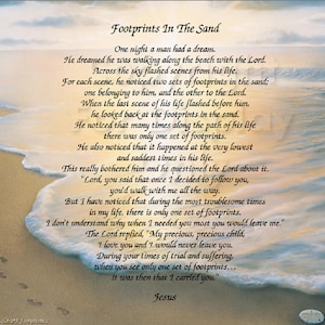 The Footprints in the Sand poem - Christian Poem - Inspirational Print - Ready to Frame Wall Plaque Gift idea Ocean Beach Scene