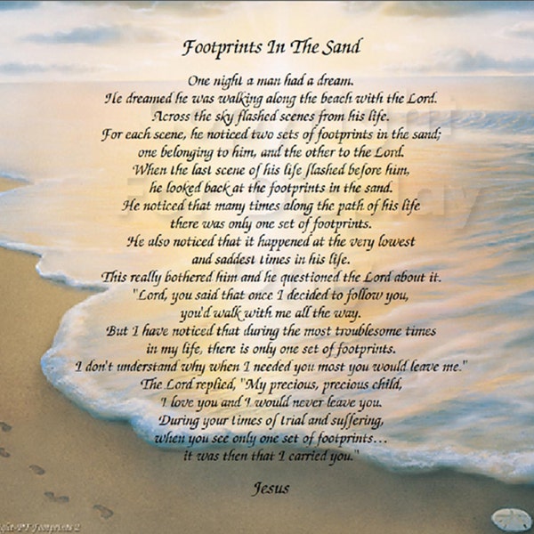 The Footprints in the Sand poem - Christian Poem - Inspirational Print - Ready to Frame Wall Plaque Gift idea Ocean Beach Scene