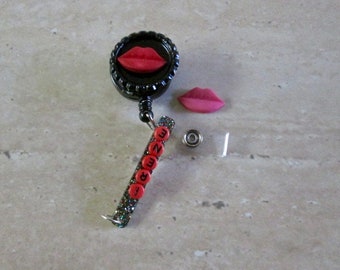 ID Badge Retractable Reel  Personalized With Red or Pink Lips,Nurse, Medical, Pediatric,Hospital,Office