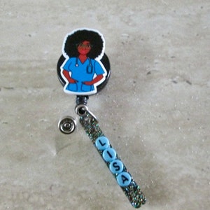 African American ID Badge Retractable Reel , Magnet or Clip Back,,Personalize,RN,,Nurse, Pediatric, Vet Tech, ICU,er,Medical,