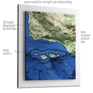 May include: A 3D relief map of a coastal area with islands. The map is printed on a rigid surface with black borders and a white background. The map is epoxy coated for strength and waterproofing. The text "3D height determined by DEM data" and "fade resistant archival inks" are visible on the image.