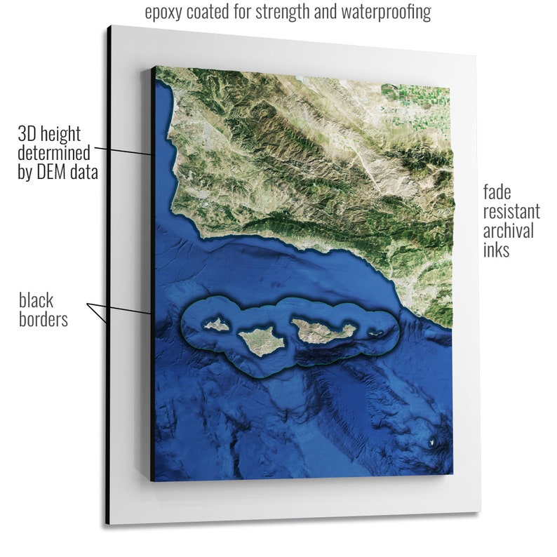 May include: A 3D relief map of a coastal area with islands. The map is printed on a rigid surface with black borders and a white background. The map is epoxy coated for strength and waterproofing. The text "3D height determined by DEM data" and "fade resistant archival inks" are visible on the image.