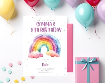 May include: A colourful rainbow birthday invitation with a watercolour design. The invitation says "Join us to celebrate Gemma's 8th Birthday".