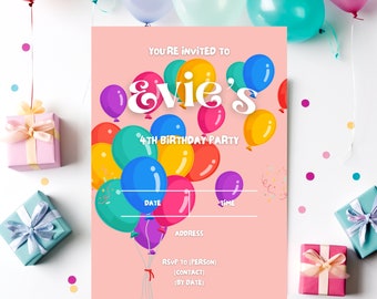 Sjabloon bewerkbare ballon verjaardagsuitnodiging, ballonfeestje uitnodigen, Instant Download, digitale verjaardagsuitnodiging, uitnodiging kinderfeestje