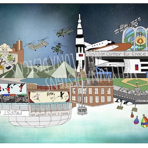 May include: A colorful illustration of landmarks in Huntsville, Alabama. The illustration includes the US Space & Rocket Center, the Mark C. Smith Concert Hall, the Propst Arena, and the Davidson Center for Space Exploration. The illustration also includes a baseball field, a helicopter, and a hot air balloon.