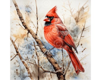 Cardinal rouge aquarelle, Cardinal d'hiver, aquarelle numérique imprimable, téléchargement immédiat, décoration murale nature, cadeau pour amoureux de la nature