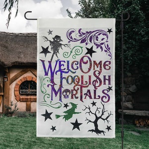 Halloween Garden Flag With Filigree | &quot;Welcome Foolish Mortals&quot; Quote