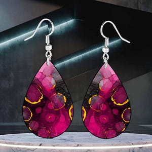 Pink Alcohol Ink Teardrop Earrings, Magenta Abstract Dangle Earrings, Sublimated Wood Statement Earrings, Handmade Gift for Her