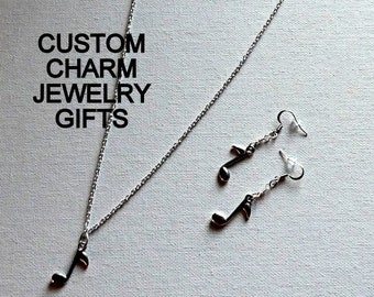 Custom Charm Necklace and Earrings Set: Silver Plated Jewelry Gift