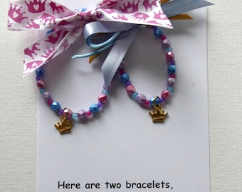 Pretty Princess Matching Mother Daughter Bracelets Gifts, Pink Purple & Aqua Stretch Bracelets 1st Day Of School w/Kindergarten Poem Gifts