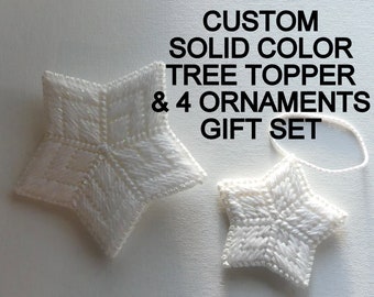 Solid Tree Topper & 4 Ornaments Gift Sets, Custom Star Plastic Canvas Tree Ornaments Gifts, Special Sets Gifts, 1st Christmas Gift Sets