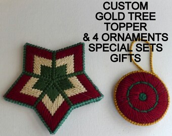 Custom Gold Yarn Tree Topper & Circle Ornaments Gift Set: 1st Christmas and Wedding Bridal Shower Gifts