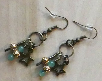 Green And Bronze Star Earrings, RTS Green Aventurine And Bronze With Star Charm Earrings Gift, Wire Wrapped Triple Strand Earrings Gifts