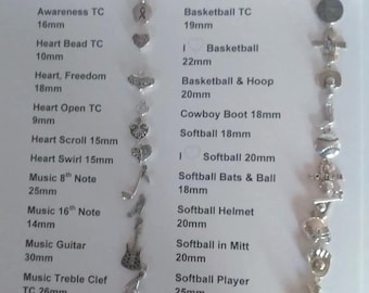 Hearts, Music, & Sports Charm Bracelets/Add On Charms To Anklets and Keychains/Silver Plated, Memory Charm Bracelet Gifts