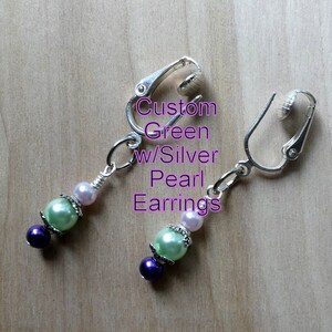 Custom Green w/Silver Pearl Earrings Gifts, Custom Glass Pearl Earrings, Elegant Earrings Gifts, Gifts For Her, Bridal Party Earrings Gifts