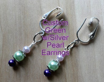 Custom Green w/Silver Pearl Earrings Gifts, Custom Glass Pearl Earrings, Elegant Earrings Gifts, Gifts For Her, Bridal Party Earrings Gifts