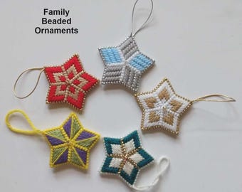 Beaded Family Ornaments: Heirloom Plastic Canvas Star or Circle Gift Set, Christmas Ornament Gifts