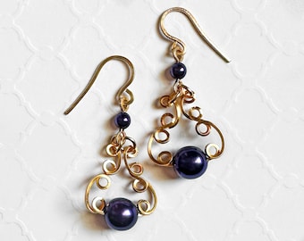 Wire Wrapped Purple Pearl Drop Earrings, 1.6 Inches Long