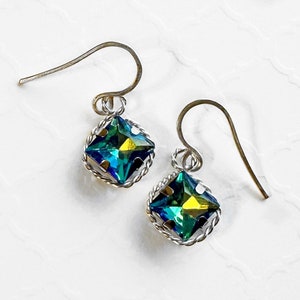 Wire Wrapped Peacock Blue Diamond Earrings, 1 Inch Long