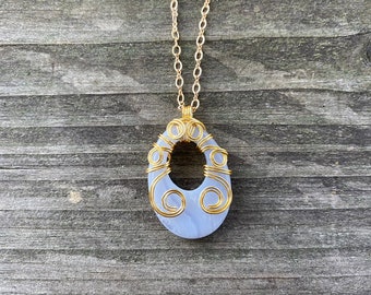 Wire Wrapped Blue Lace Agate Necklace, 25 Inches Long