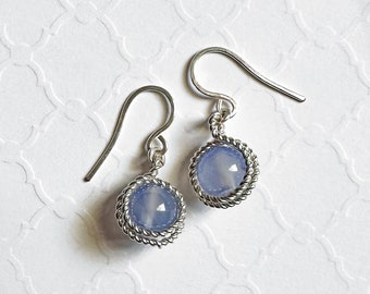 Wire Wrapped Blue Agate Stone Bead Earrings, 1.1 Inches Long