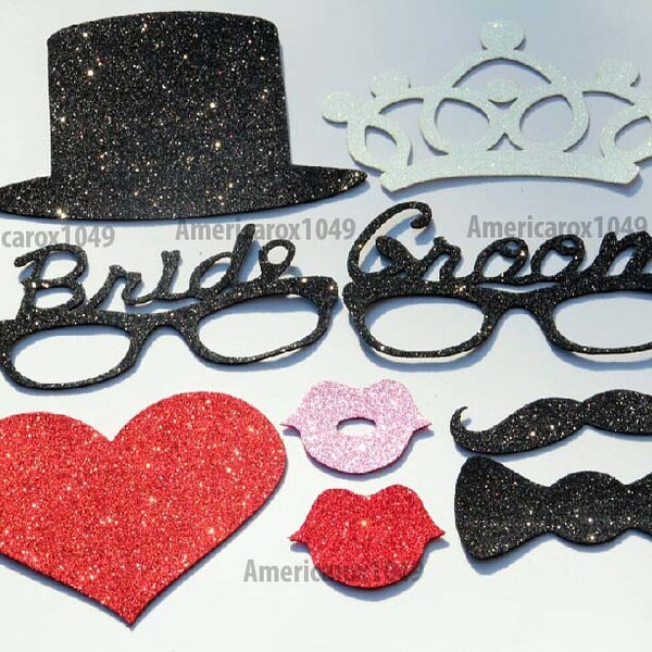 Bride and Groom Photo Booth Props-9 Piece Photobooth Props Glitter EVA Material Party set-Marriage-Engagement Wedding Birthday Anniversary